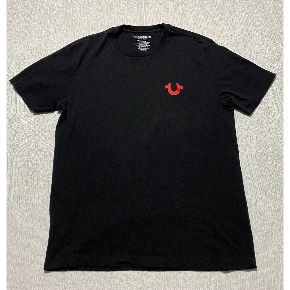 True Religion Buddha Logo Seal T-shirt Mens M Black‎ Guitar Graphic Logo